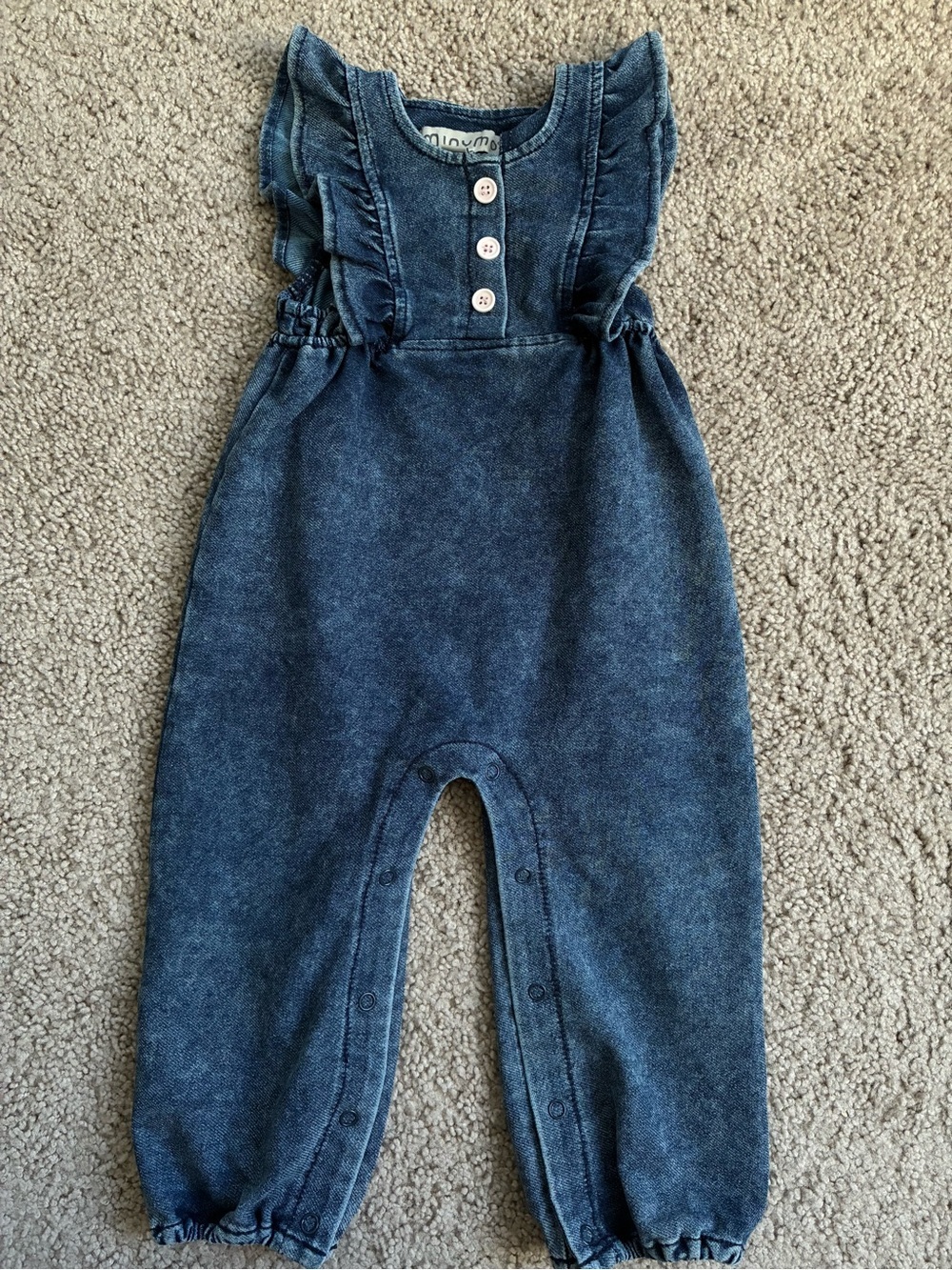 Minymo Baby Denim-Effect lightweight Ruffle Strap Romper - Blue